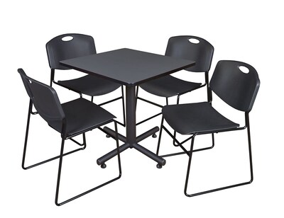 Regency Kobe 30 Square Breakroom Table- Grey & 4 Zeng Stack Chairs- Black