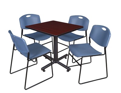 Regency Kobe 30 Square Breakroom Table- Mahogany & 4 Zeng Stack Chairs- Blue