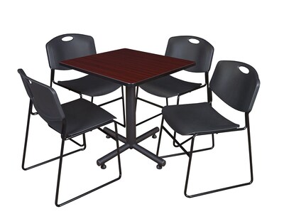Regency Kobe 30 Square Breakroom Table- Mahogany & 4 Zeng Stack Chairs- Black