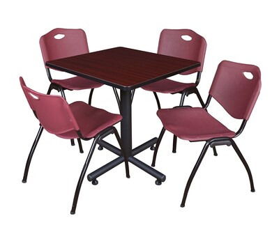 Regency Kobe 30 Square Breakroom Table- Mahogany & 4 M Stack Chairs- Burgundy