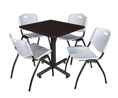 Regency Kobe 30 Square Breakroom Table- Mocha Walnut & 4 M Stack Chairs- Grey