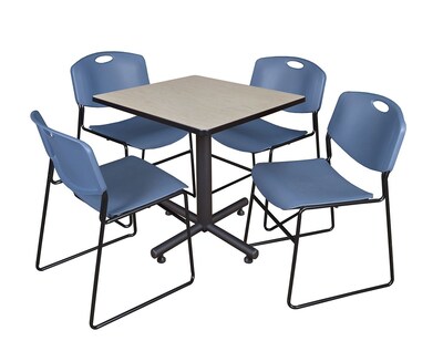 Regency Kobe 30 Square Breakroom Table- Maple & 4 Zeng Stack Chairs- Blue