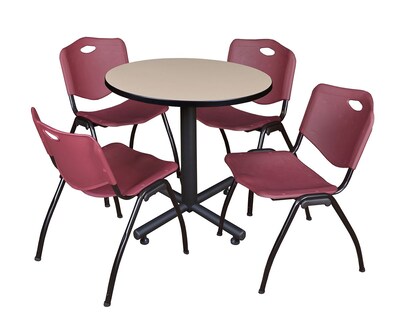 Regency Kobe 30 Round Breakroom Table- Beige & 4 M Stack Chairs- Burgundy