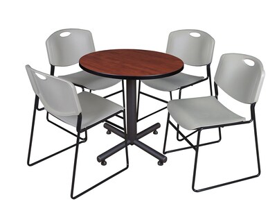 Regency Kobe 30 Round Breakroom Table- Cherry & 4 Zeng Stack Chairs- Grey
