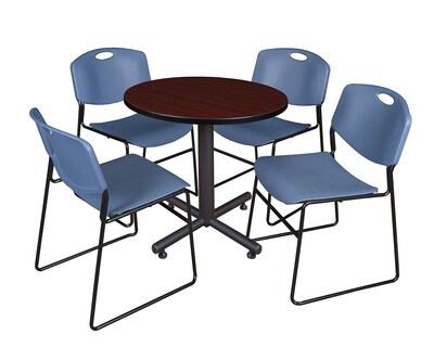Regency Kobe 30 Round Breakroom Table- Mahogany & 4 Zeng Stack Chairs- Blue