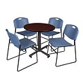 Regency Kobe 30 Round Breakroom Table- Mahogany & 4 Zeng Stack Chairs- Blue
