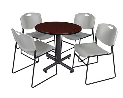Regency Kobe 30 Round Breakroom Table- Mahogany & 4 Zeng Stack Chairs- Grey