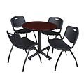 Regency Kobe 30 Round Breakroom Table- Mahogany & 4 M Stack Chairs- Black