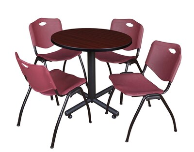 Regency Kobe 30 Round Breakroom Table- Mahogany & 4 M Stack Chairs- Burgundy
