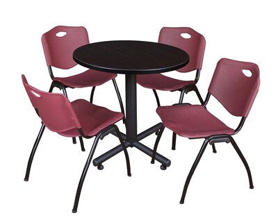 Regency Kobe 30 Round Breakroom Table- Mocha Walnut & 4 M Stack Chairs- Burgundy