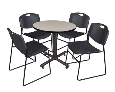 Regency Kobe 30 Round Breakroom Table- Maple & 4 Zeng Stack Chairs- Black