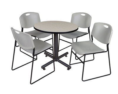 Regency Kobe 30 Round Breakroom Table- Maple & 4 Zeng Stack Chairs- Grey