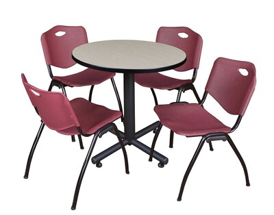 Regency Kobe 30 Round Breakroom Table- Maple & 4 M Stack Chairs- Burgundy
