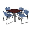 Regency Kee 42 Square Breakroom Table- Mahogany/ Black & 4 Zeng Stack Chairs- Blue