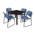 Regency Kee 42 Square Breakroom Table- Mocha Walnut/ Black & 4 Zeng Stack Chairs- Blue