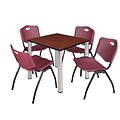 Regency Kee 30 Square Breakroom Table- Cherry/ Chrome & 4 M Stack Chairs- Burgundy