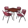 Regency Kee 36 Square Breakroom Table- Cherry/ Chrome & 4 M Stack Chairs- Burgundy
