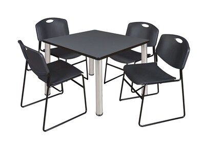 Regency Kee 36 Square Breakroom Table- Grey/ Chrome & 4 Zeng Stack Chairs- Black