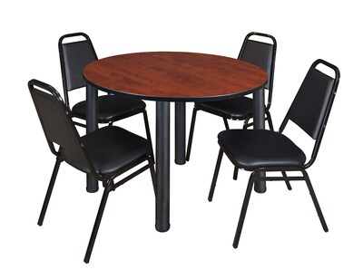 Regency Kee Breakroom Table, 48W, Cherry/Black & 4 Restaurant Stack Chairs, Black (TB48RNDCHBPBK29BK)