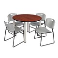 Regency Kee 48 Round Breakroom Table- Cherry/ Chrome & 4 Zeng Stack Chairs- Grey