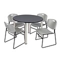 Regency Kee 48 Round Breakroom Table- Grey/ Chrome & 4 Zeng Stack Chairs- Grey