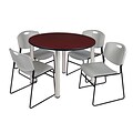 Regency Kee 48 Round Breakroom Table- Mahogany/ Chrome & 4 Zeng Stack Chairs- Grey