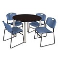 Regency Kee 48 Round Breakroom Table- Mocha Walnut/ Chrome & 4 Zeng Stack Chairs- Blue