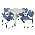 Regency Kee 48 Round Breakroom Table- Maple/ Chrome & 4 Zeng Stack Chairs- Blue