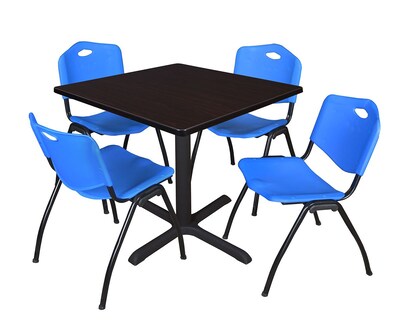 Regency Cain 36 Square Breakroom Table- Mocha Walnut & 4 M Stack Chairs- Blue