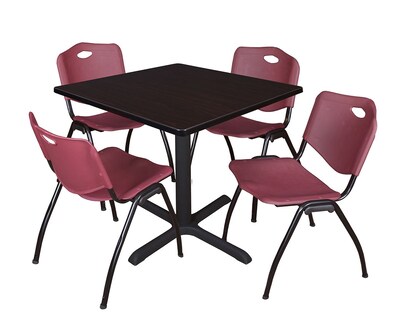 Regency Cain 36 Square Breakroom Table- Mocha Walnut & 4 M Stack Chairs- Burgundy