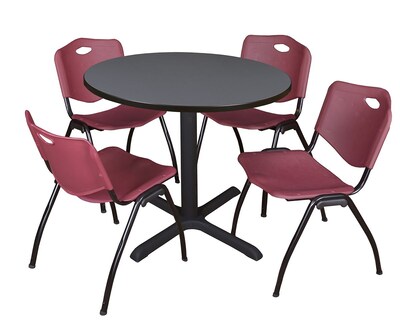 Regency Cain 36 Round Breakroom Table- Grey & 4 M Stack Chairs- Burgundy