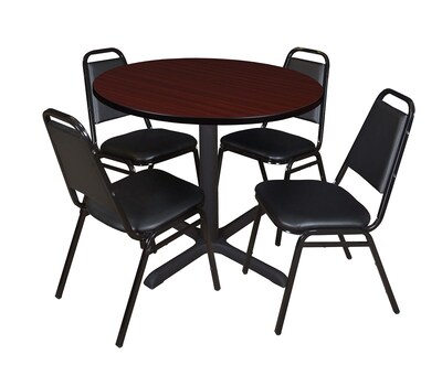 Regency Cain 36 Round Breakroom Table- Mahogany & 4 Restaurant Stack Chairs- Black