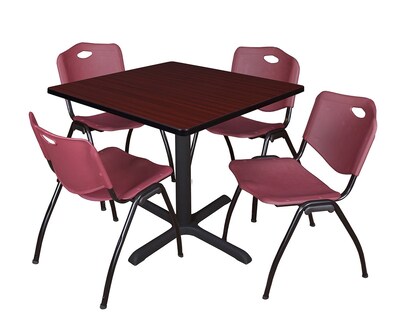 Regency Cain 42 Square Breakroom Table- Mahogany & 4 M Stack Chairs- Burgundy