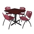Regency Cain 42 Square Breakroom Table- Mahogany & 4 M Stack Chairs- Burgundy