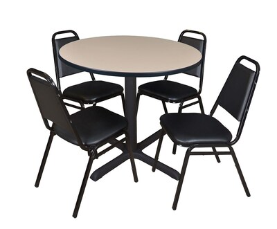 Regency Cain 42 Round Breakroom Table- Beige & 4 Restaurant Stack Chairs- Black