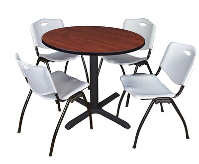Regency Cain 42 Round Breakroom Table- Cherry & 4 M Stack Chairs- Grey