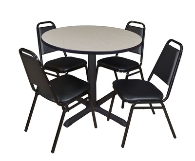 Regency Cain 42 Round Breakroom Table- Maple & 4 Restaurant Stack Chairs- Black