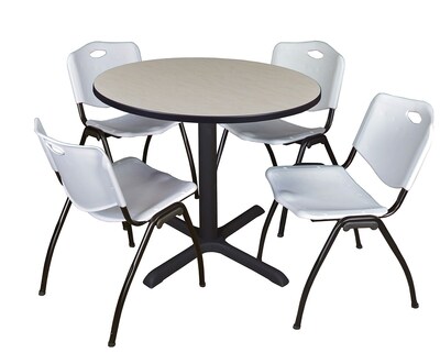 Regency Cain 42 Round Breakroom Table- Maple & 4 M Stack Chairs- Grey