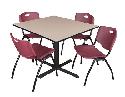 Regency Cain 48 Square Breakroom Table- Beige & 4 M Stack Chairs- Burgundy