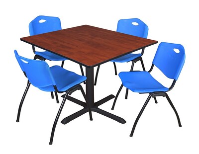 Regency Cain 48 Square Breakroom Table- Cherry & 4 M Stack Chairs- Blue