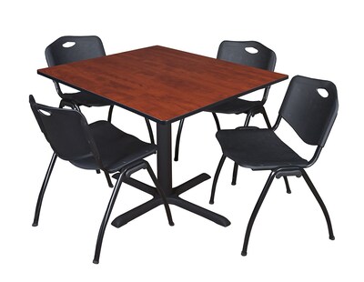 Regency Cain 48 Square Breakroom Table- Cherry & 4 M Stack Chairs- Black