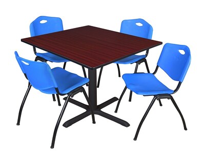 Regency Cain 48 Square Breakroom Table- Mahogany & 4 M Stack Chairs- Blue