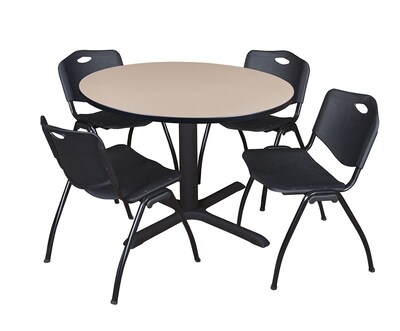 Regency Cain 48 Round Breakroom Table- Beige & 4 M Stack Chairs- Black