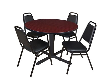 Regency Cain Breakroom Table, 48W, Mahogany & 4 Restaurant Stack Chairs, Black (TB48RNDMH29BK)