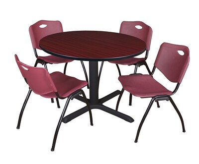 Regency Cain 48 Round Breakroom Table- Mahogany & 4 M Stack Chairs- Burgundy