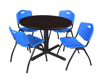 Regency Cain 48 Round Breakroom Table- Mocha Walnut & 4 M Stack Chairs- Blue