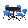 Regency Cain 48 Round Breakroom Table- Mocha Walnut & 4 M Stack Chairs- Blue