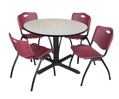 Regency Cain 48 Round Breakroom Table- Maple & 4 M Stack Chairs- Burgundy