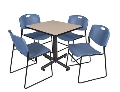 Regency Kobe 30 Square Breakroom Table- Beige & 4 Zeng Stack Chairs- Blue