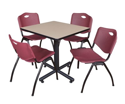 Regency Kobe 30 Square Breakroom Table- Beige & 4 M Stack Chairs- Burgundy